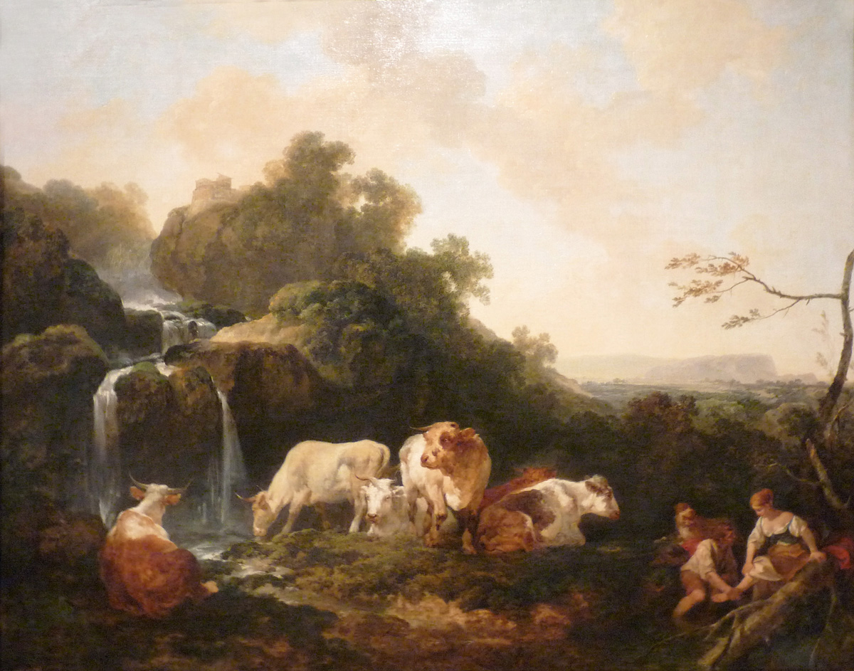 landscape with cascade herd and berger taking the foot of a shepherdess